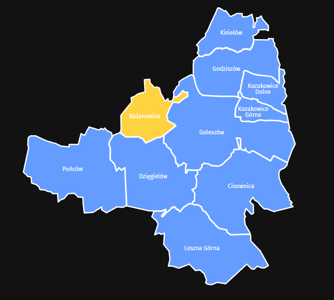 Mapa Taxi Bażanowice – Zasięg usług Taxi Stela w gminie Goleszów