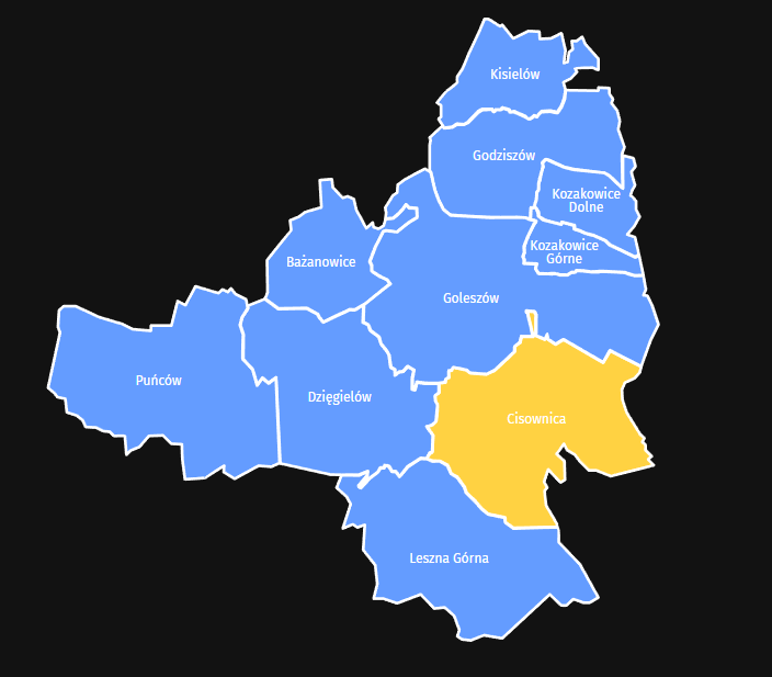 Mapa Taxi Cisownica – Zasięg usług Taxi Stela w Gminie Goleszów