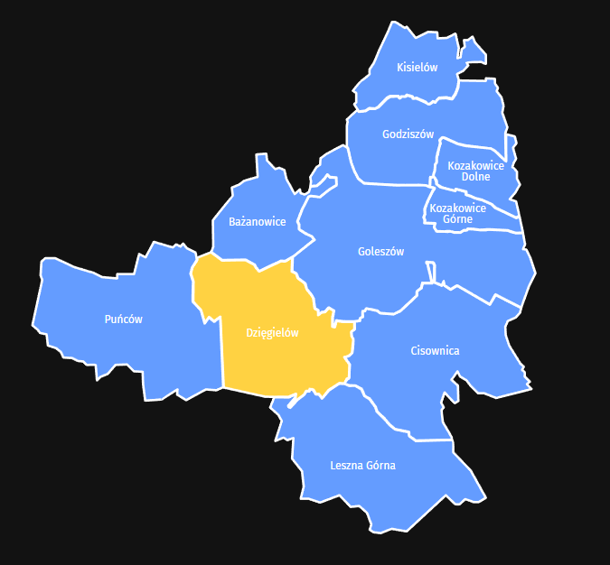 Mapa zasięgu Taxi Stela Dzięgielów – Gmina Goleszów