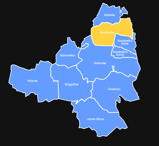 Mapa Taxi Godziszów – Obszar obsługi Taxi Stela w Gminie Goleszów
