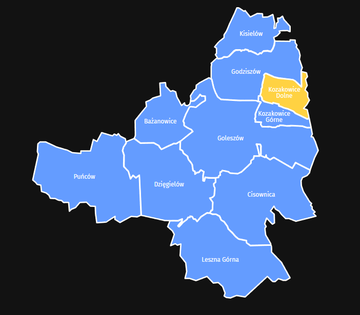 Mapa Taxi Kozakowice Dolne – Zasięg usług Taxi Stela w gminie Goleszów