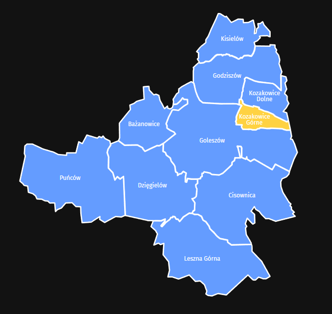 Mapa Taxi Kozakowice Górne – Obszar obsługi Taxi Stela w gminie Goleszów