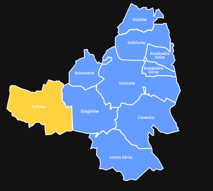 Mapa Taxi Puńców – Obszar obsługi Taxi Stela w Gminie Goleszów